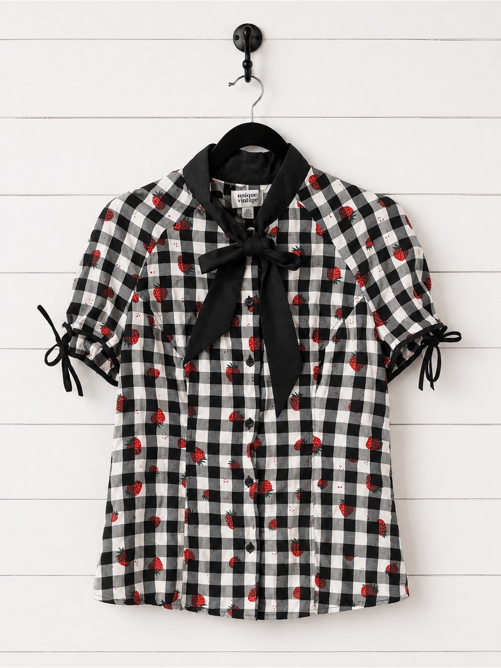 Unique Vintage Black & White Gingham Strawberry Tie-Neck Blouse